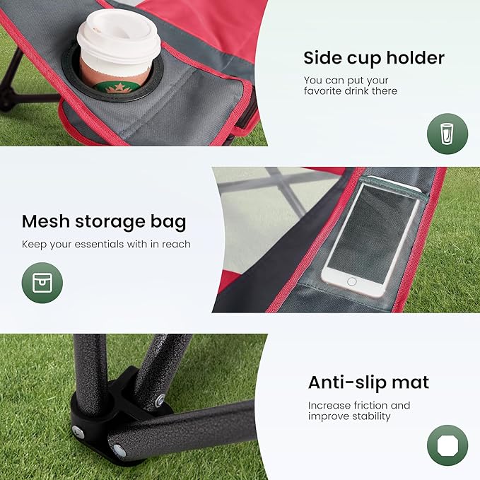HIGH POINT SPORTS Camping Chairs with Shade Heavy Duty Canopy Lounge Chair Sunshade Hiking Travel Chair with Cup Holder for Outdoor Camping Beach and Patio Red