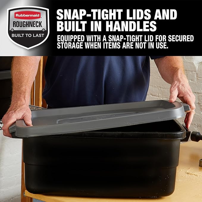 Rubbermaid 6-Pack Totes for Storage with Lids Heavy Duty Plastic Storage Bins with Lids Black Gray 10 GAL - Stackable for Garage Attic Camping (10 GAL - 6 Pack Solid Black and Grey)