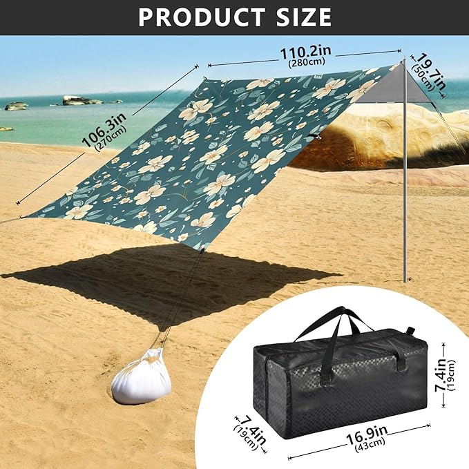 Teal Floral Pattern Beach Tent Sun Shelter 9.2' x 10.5' Beach Canopy with 4 Sandbags 4 Stability Poles Sand Shovels - Tent Canopy for Beach Camping Fishing Picnics
