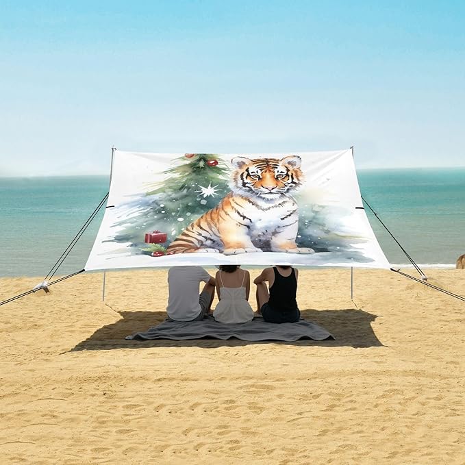 ALAZA Tiger Christmas Beach Tent Sun Shelter UPF50+ Protection Beach Shade Canopy w/ 4 Sandbags for Outdoor Camping Fishing Backyard Fun Picnic 10x9 ft