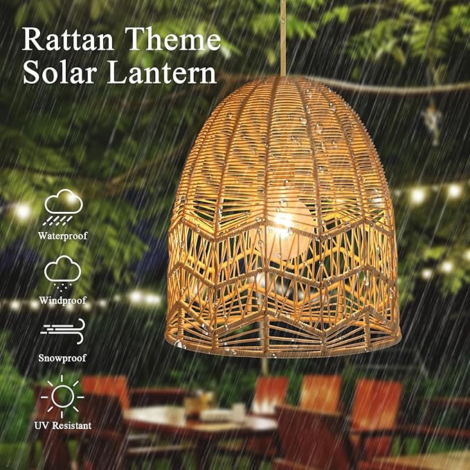 Ranttan Outdoor Chandelier 15 Outdoor Pendant Lights Rattan Solar Hanging Lights Large Rattan Ceiling Light with Remote 4 Modes Lighting Waterproof Lighted for Garden Porch Patio Kitchen Nature