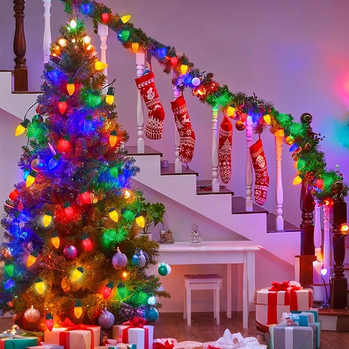 50LED C7 Multicolor Christmas Lights Battery Operated with 8 Mode Remote Control 27.5FT 50pcs Twinkle C7 Light Bulbs for Colorful Christmas Tree Lights &amp Home Porch Yard Lawn Decorations