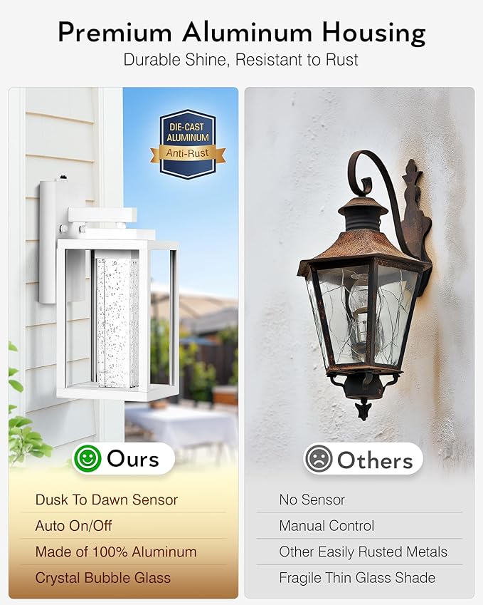 VIANIS White Exterior Lighting Fixtures Wall Mount for House 100% Aluminum Outdoor Sconces Wall Lighting for Garage with Integrated 10W LED Light Source Dusk to Dawn Coach Lights Outdoor Lantern
