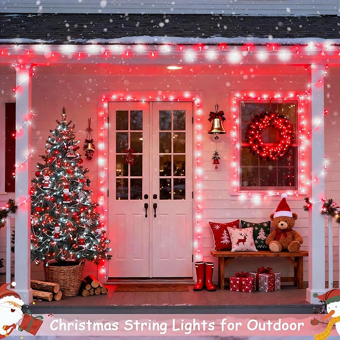 JMEXSUSS 2 Pack Red and White Battery Christmas Lights Each 33ft 100 LED Battery Powered String Lights with Remote for Tree Patio Yard House Party Birthday Outside