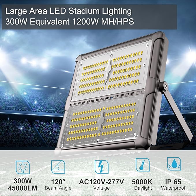 Upgrade 300W Outdoor Flood Lights AC100-277V LED Stadium Lights 45000Lm (1200W Eqv.) LED Flood Lights with 2 Modules IP65 Waterproof Area Lighting with Adjustable U Bracket-4Pack