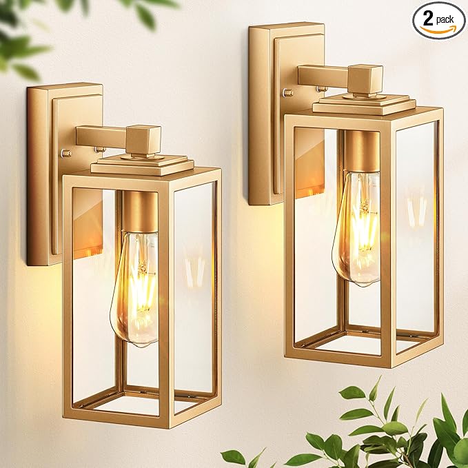 VIANIS Gold Outdoor Wall Lights 2 Pack Waterproof Outdoor Porch Lights Anti-Rust Porch Lights Outdoor Outdoor Light Fixture for House Garage Doorway Garden Tempered Glass E26 Socket