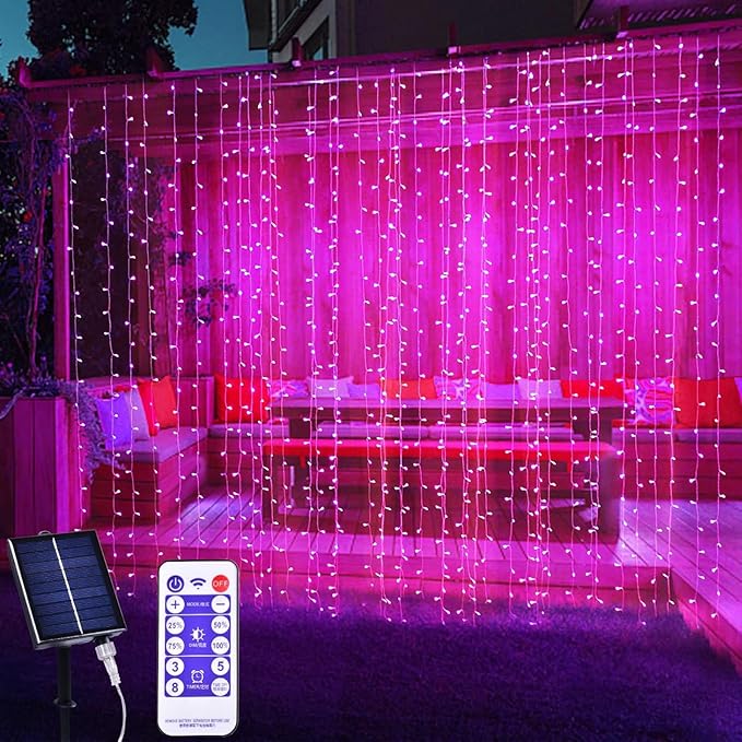 300LED Solar Curtain Lights - Outdoor Indoor Waterproof Fairy String Lights Twinkle 8 Modes Christmas Decoration for Home Garden Patio Wedding Party (Pink)