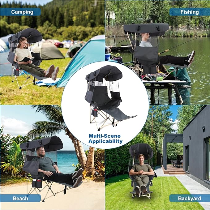 Folding Camping Chairs Canopy Outdoor: Sports Portable Beach Chair with Canopy-Lawn Beach Chairs with Umbrella for Adults-Camping Chair with Shade for Fishing Camp Heavy Duty (Casual Grey)