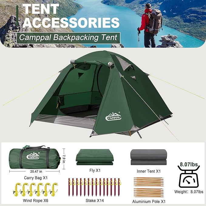 2-3 Person Backpacking Tent with Double Door 2 Vestibule Waterproof Windproof Lightweight Easy Set Up 3 Season 2 Man Two Person Tent for Camping Hiking Motorcycle Mountaineering with UPF 50+