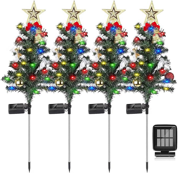 4 Pack Solar Christmas Decorations Tree Lights Upgraded Outdoor Solar Stake Decorative Lights Xmas Tree W/20 LED-RGB Lights IP65 Waterproof Dual Lighting Modesfor Garden Pathway Lawn Patio
