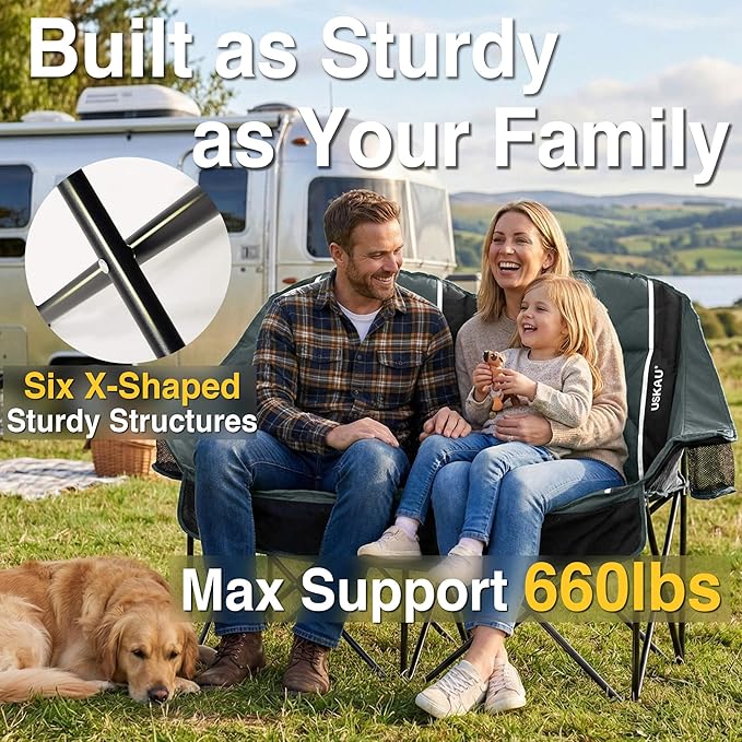 Oversized USLCamping Chair - 2 Person Portable Folding Outdoor Loveseat Heavy Duty Lawn Chairs for Adults with Padded Cushion &amp Dual Cup Holders Supports 660LBS for CampingSportsPicnic (Grey)