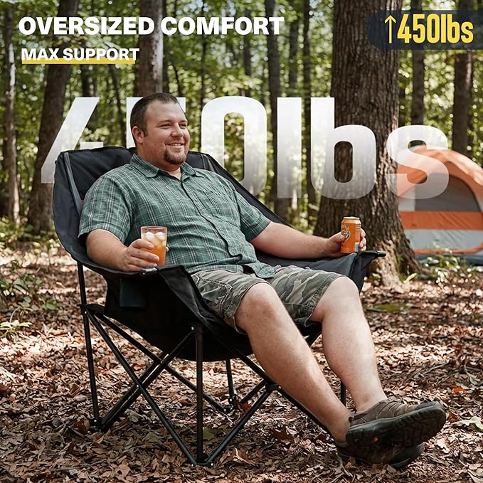 Oversized XL Camping Chair for Adults Heavy Duty | 450LBS Support Padded Folding Lawn Chairs with Side Pocket Cup Holder Cooling Bag for Outdoor Sports Garden Beach Fishing