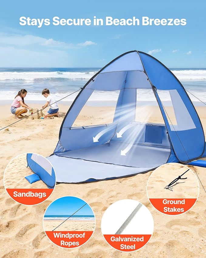 VEVOR Beach Tent Sun Shelter for 2 Person UPF 50+ Protection Portable Sun Shade Beach with Carrying Bag &amp Sand Pockets Lightweight and Easy Setup Beach Umbrella for Camping Fishing Outdoor Picn