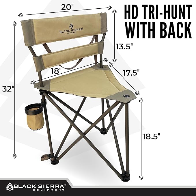 Black Sierra XL Tripod Hunting Stool Foldable Tripod Seat w/Steel Frame Supports 300 Lbs Heavy Duty Fishing Chair Features Cup-Holder &amp Carry Shoulder Strap for Camping (TAN 2)