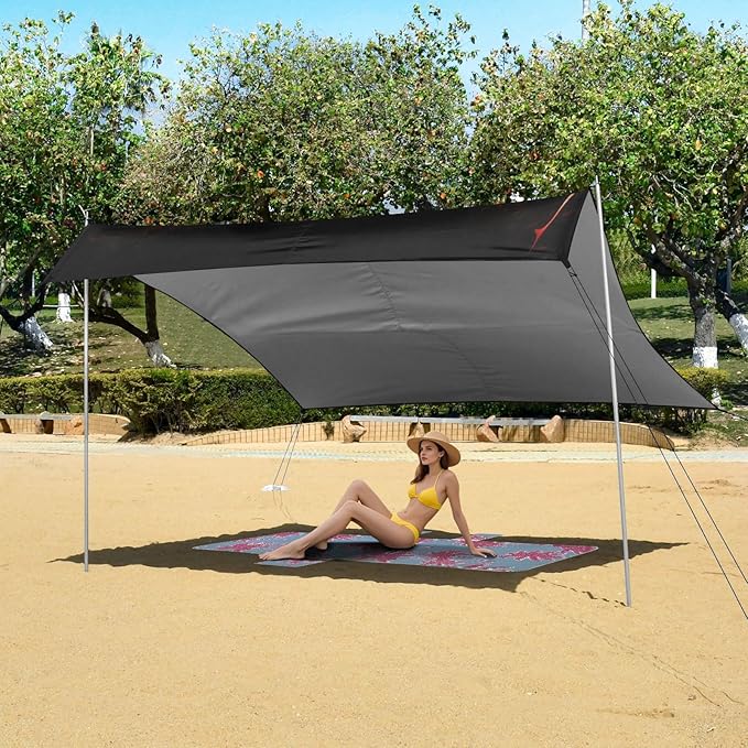Dark Monster Eyes Beach Tent Sun Shelter 9.2' x 10.5' Beach Canopy with 4 Sandbags 4 Stability Poles Sand Shovels - Tent Canopy for Beach Camping Fishing Picnics