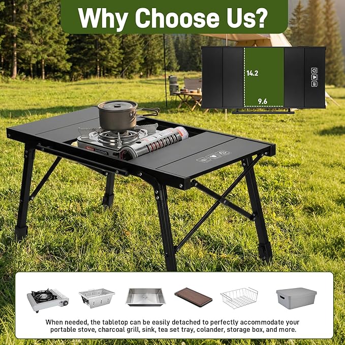Folding IGT Camping Table Portable Outdoor IGT Cooking Camping Tables Ultra-Lightweight Aluminum Foldable Camping Table with Carry Bag for Car Camping Picnics RV Travel and BBQ