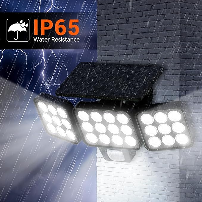 WdtPro Solar Lights Outdoor Flood Light 3 Pack 3500LM Bright Motion Sensor Outdoor Lights 3 Heads &amp Upgrade Glass Panel LED Solar Powered Security Light Spotlights Waterproof for Outside Yard
