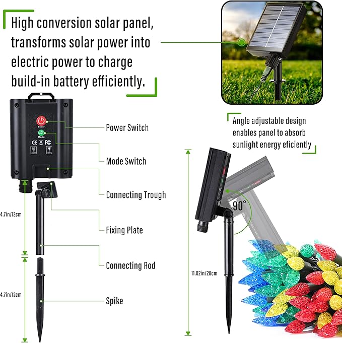 iBaycon Solar C6 Christmas Lights Outdoor 48FT 100LED C6 Strawberry String Light 8 Modes Solar Powered Lights String for Xmas Tree House Eaves Roof Christmas Holiday Decorations