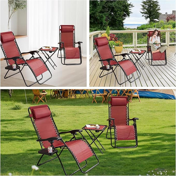 Set of 2 Zero Gravity Reclining Lounge Chairs – Folding Outdoor Chaise Loungers with Cup Holders &amp Side Tables for Patio Lawn Beach Camping Balcony Deck – Adjustable Anti Gravity Chairs Red