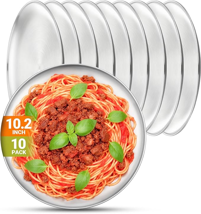 Metal Dinner Plate 10 Pack 10.2 inch Large 201 Stainless Steel Plates Reusable Lunch Salad Pizza Food Serving Snack Eating Dishes Round Brushed Finish Silver Sturdy Dish Oven Dishwasher Safe