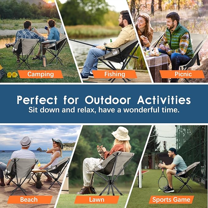 Portable Camping Chair 2 Pack 8 Seconds Quick Setup Folding Camping Chair Flexible 360° Rotation 3.8Lb Lightweight Travel Chairs for Easy Carry to Hiking Sporting Beach Khaki