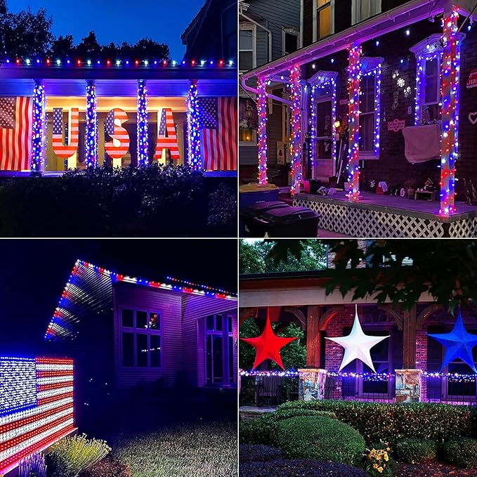 JMEXSUSS 2 Pack Red White and Blue Solar Lights 100LED 33ft Patriot Solar String Lights Waterproof 8 Modes 4th of July Lights for Independence Day Gardens Tree Outdoor 4th of July Decorations