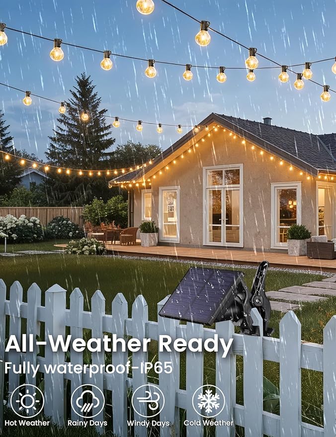 Brightever 50FT Solar String Lights Outdoor with Remote 18+1 LED Shatterproof G40 Bulbs 3 Lighting Modes &amp Timable Waterproof Dimmable Solar Power Patio Lights for Camping Backyard Party