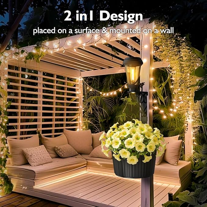 2Pcs 7.9Inch Outdoor Solar Lights with Pot Dual-Sided 3000K Warm White Lighting 2 in1 (Wall/Stand) Flower Pots Auto on/Off Outdoor Floor Lamp IP65 Waterproof for Yard PatioPorchPathway Decor