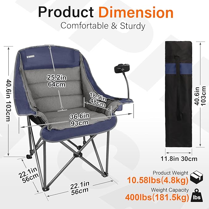 Camping Chairs for Adults-Oversized Extra Large Lawn ChairFolding Comfy Padded Chair w/Phone HolderSide PocketCup Holder for OutdoorWide&ampThickHeavy Duty 400LbsBlue