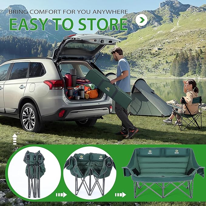 Nice C Double Padded Camping Chair Oversized Loveseat Camping Chair Outdoor Camping Couch for Adults Lawn Chairs Extra Padded with Cup Holder Cooler Bag Bottle Opener (Green)