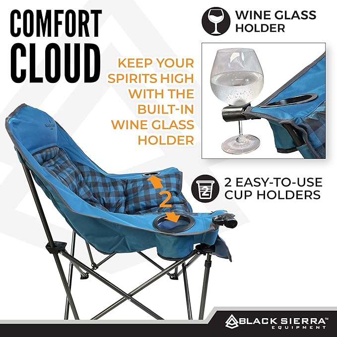 Black Sierra Oversized Camping Chair for Adults – 400 lb Heavy Duty Folding Chair with Cup Holders &amp Carry Bag