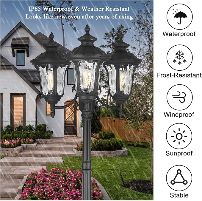 Outdoor Lamp Post Light Black Outside High Pole Light 3-Head Waterproof Modern Exterior Street Lamp Road Lighting Fixture for Garden Backyard Patio Lawn Pathway Driveway