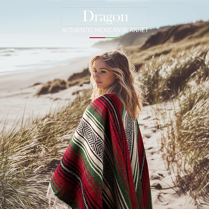 Hydration Nation Authentic Large Handwoven Mexican Blanket - Soft Yoga- Durable Serape- Lightweight Falsa Beach Camping Picnic Outdoor Blanket 70x50 - Dragon