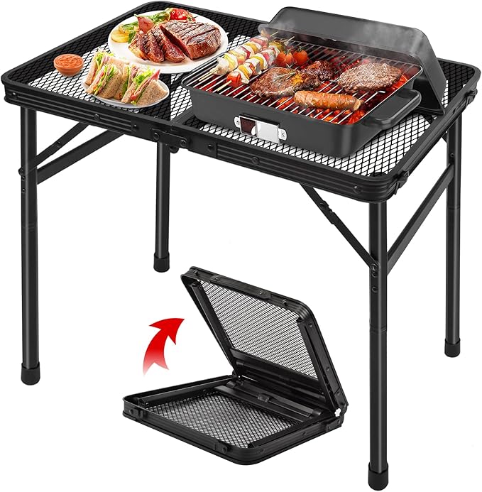 jkwokback Grill Table Camping Table Portable Folding TableHeight Adjustable Collapsible with Mesh DesktopLightweight Metal Table for Camp BBQ Picnic RV Outdoor Cooking Travel