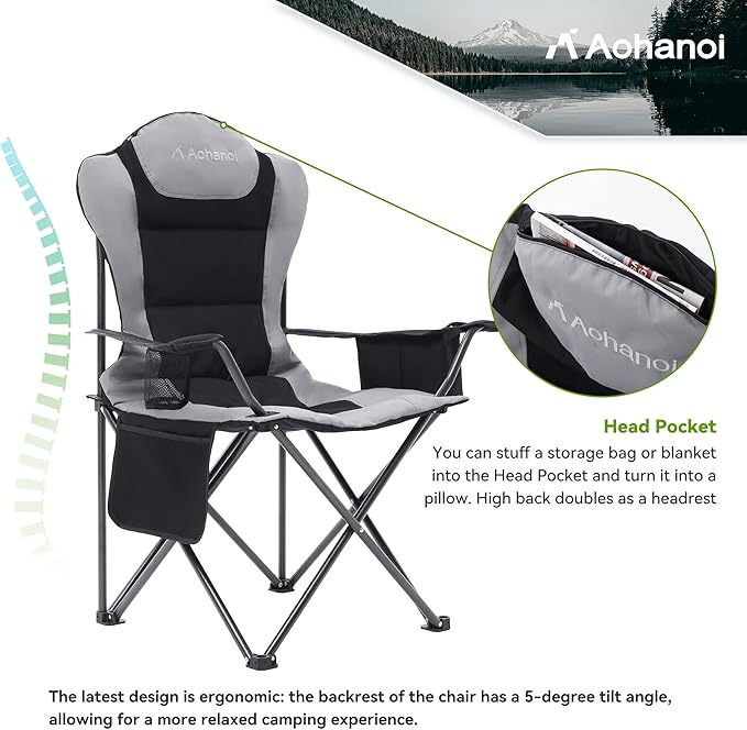 2 Pack Camp Chairs for Heavy People Outdoor Folding Camping Chairs with Cup Holder &amp Cooler Bag for Outside Supports up to 300lbs (2 Pcs Black)