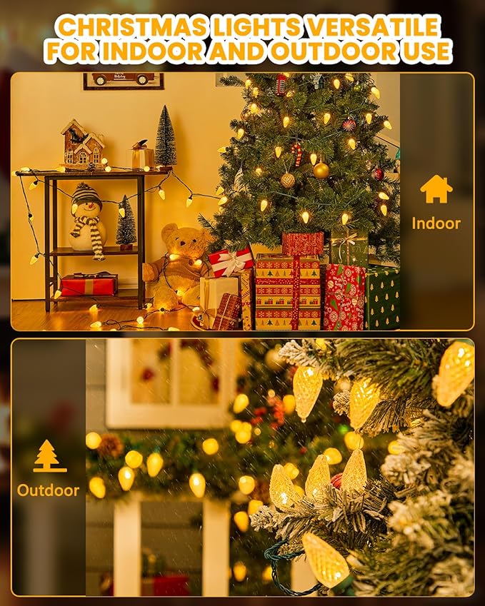 Minetom C9 Christmas Lights Outdoor 88FT 110LED String Lights with 8 Lighting Mode Waterproof Connectable UL Certified Warm White C9 Christmas decorations for Indoor Outdoor Patio Roofline Decor 2PC