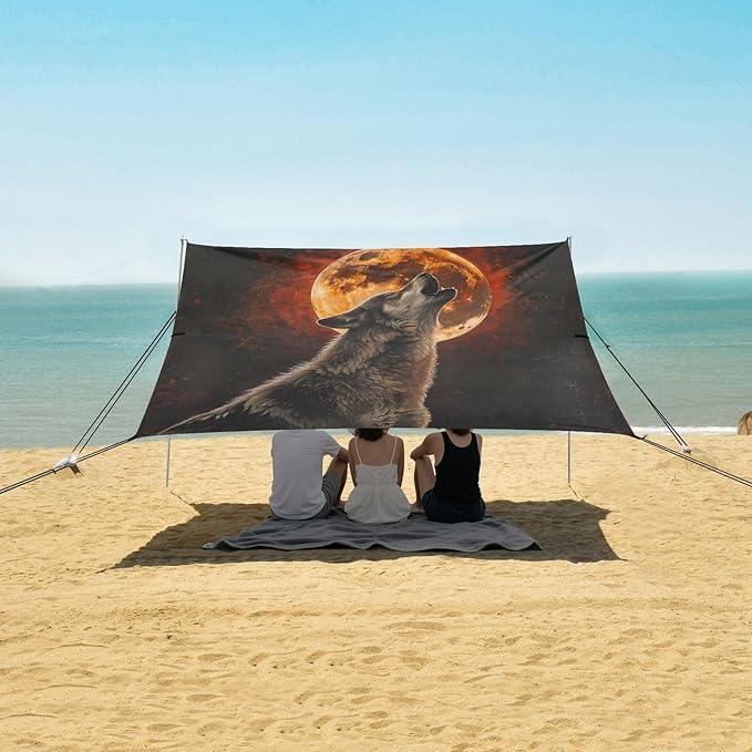 ALAZA Wild Wolf Howling Moon Beach Tent Sun Shelter UPF50+ Protection Beach Shade Canopy w/ 4 Sandbags for Outdoor Camping Fishing Backyard Fun Picnic 10x9 ft