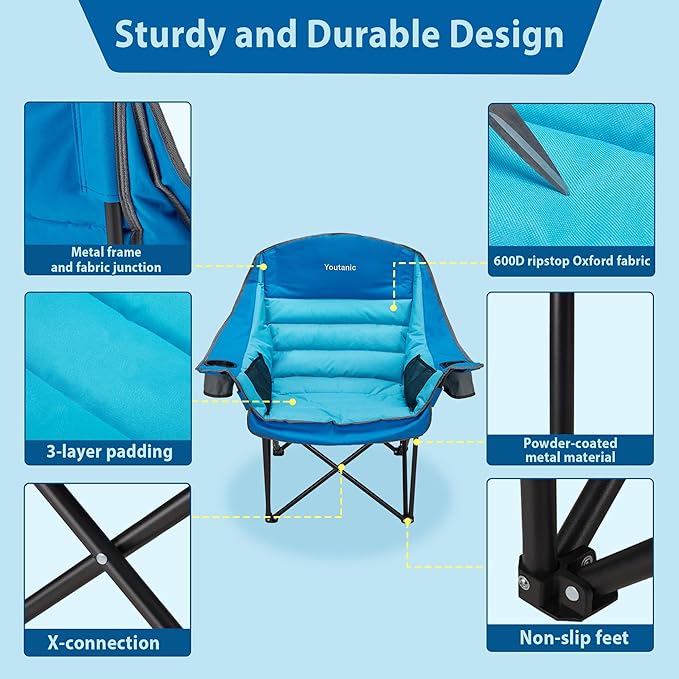 Oversized Camping Chair Portable Folding Camping Chairs with Side Pocket Cup Holder and Carry Bag Heavy Duty Outdoor Camping Chairs for Adults Fishing Sports Trip up to 400lbs Style 1