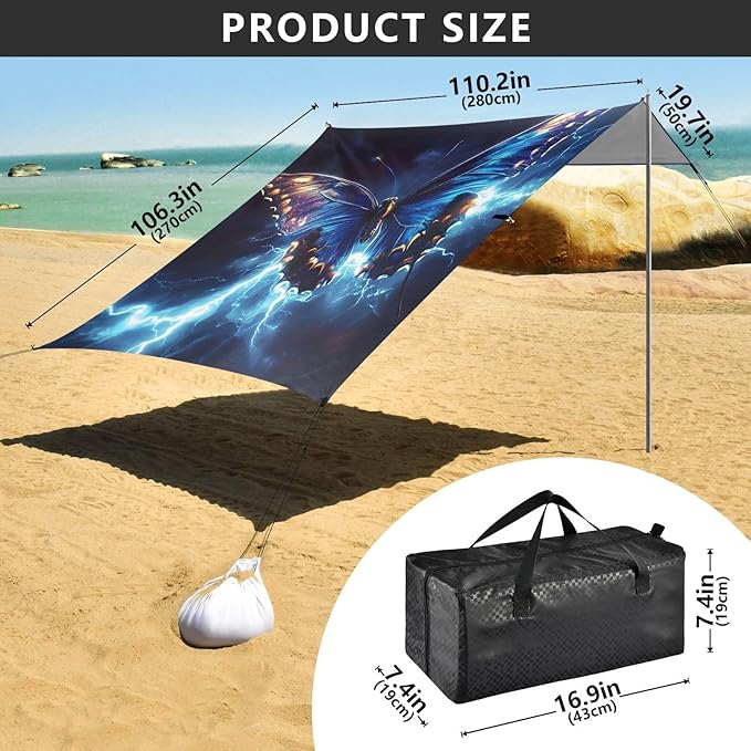 Beach Tent Sun Shelter Butterfly Blue Lightning Lightweight &amp Easy Setup Beach Shade Canopy for Camping Fishing
