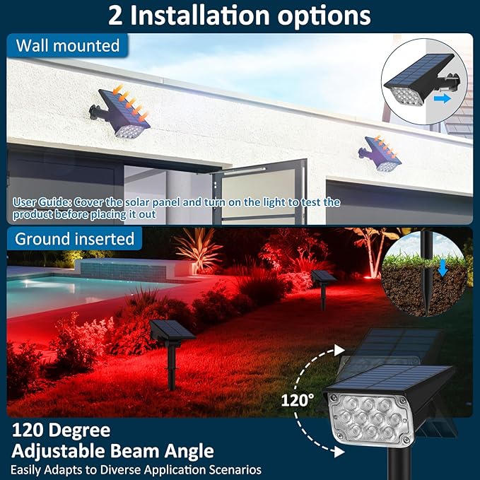 T-SUNUS Christmas Red Solar Lights for Outside IP65 Waterproof Auto On/Off Adjustable Landscape Spot Lighting Garden Spotlight Outdoor Tree Pathway Yard Driveway Wall Patio Lawn Flag Halloween 4 Pack