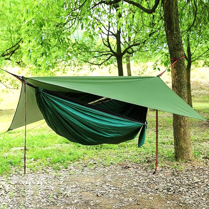 Portable Single Double Nylon High Strength Parachute Hammock Rainfly Set Camping Hammock with Rain Fly Tarp and Mosquito Net Tent Tree Straps Backpacking Hiking Travel Yard Outdoor Activities