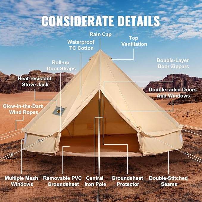 VEVOR Canvas Tent Bell Yurt 4 Seasons for Camping with Stove Jack Breathable Holds up to 4 People Family Camping Outdoor Hunting Party