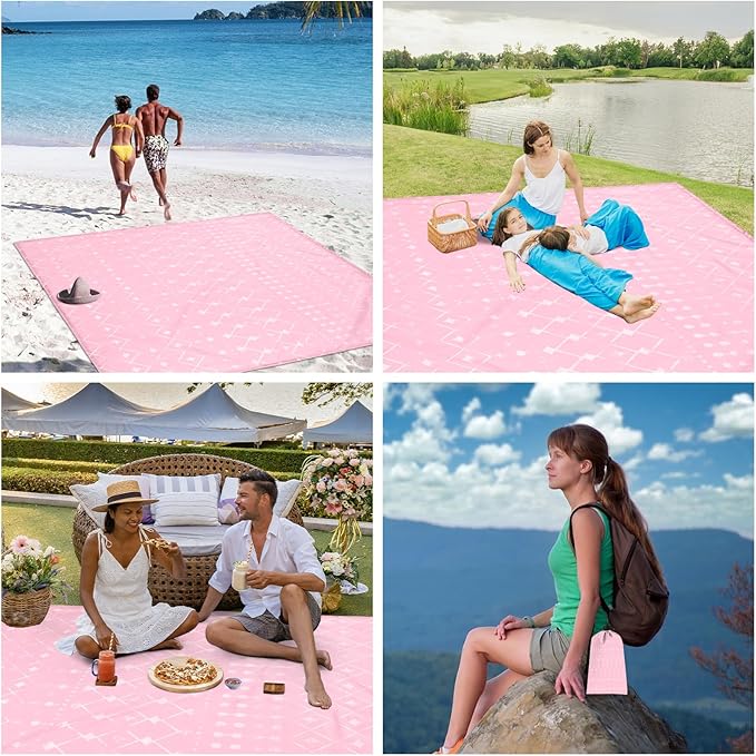 BEW Beach Blanket Waterproof Sandproof Moroccan Blythe Pink Picnic Blankets 86''×78'' Large Beach Mat Sand Free for 2-4 Adult Compact Quick Drying Outdoor Blanket Beach Essentials Must Have