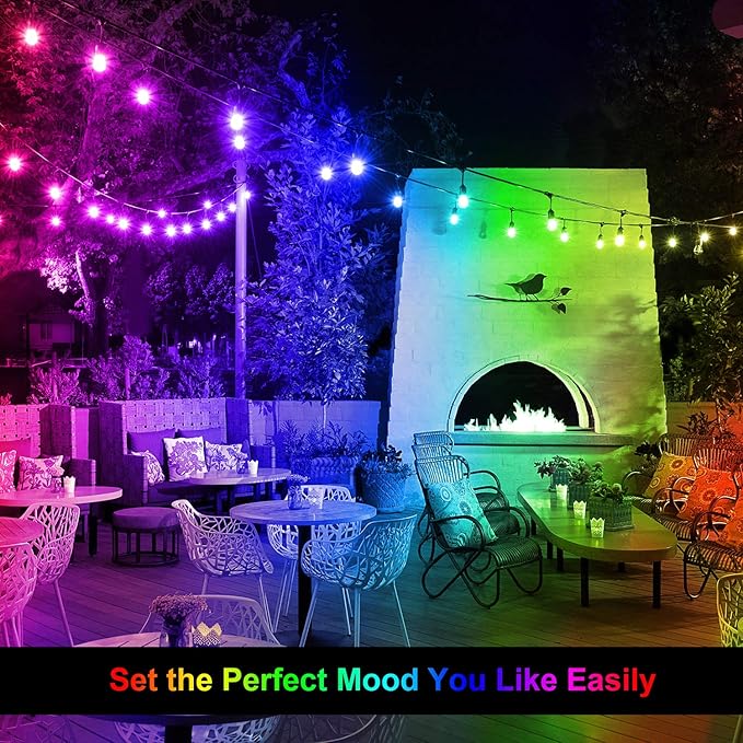 Mlambert 48FT Outdoor Patio Lights Waterproof Dimmable with Remote RGB Cafe LED String Light with 15 Shatterproof Bulbs for Bistro Party-Black 1 Pack
