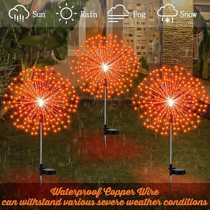 6 Pcs Easter Solar Firework Stake Lights 180 LED 8 Modes Solar Waterproof LED Sparkler Lights Outdoor Decoration for Easter Day Xmas Holiday Garden Patio Yard Pathway Walkway Orange