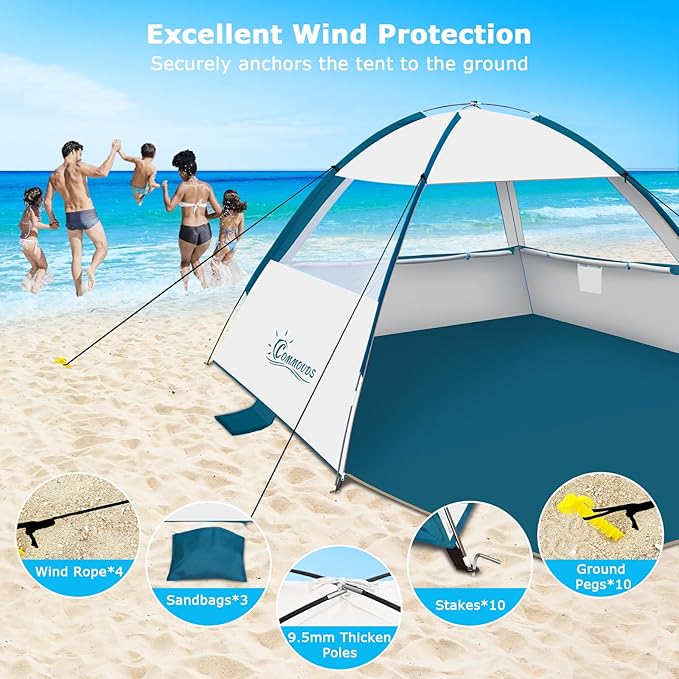 COMMOUDS Beach Tent Sun Shade for 3/4/6/8 Person UPF 50+ Beach Sun Shelter Canopy Tent Lightweight Easy Set Up and Carry