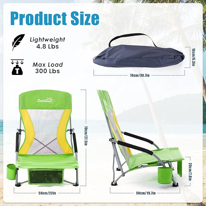 Lamberia Folding Beach Chair for Adults 2 Pack Portable Low Beach Chairs with 300lbs Capacity Lightweight Fodable Camping Chair for Travel Picnic Concert &amp Outdoor ActivitiesGreen-Yellow