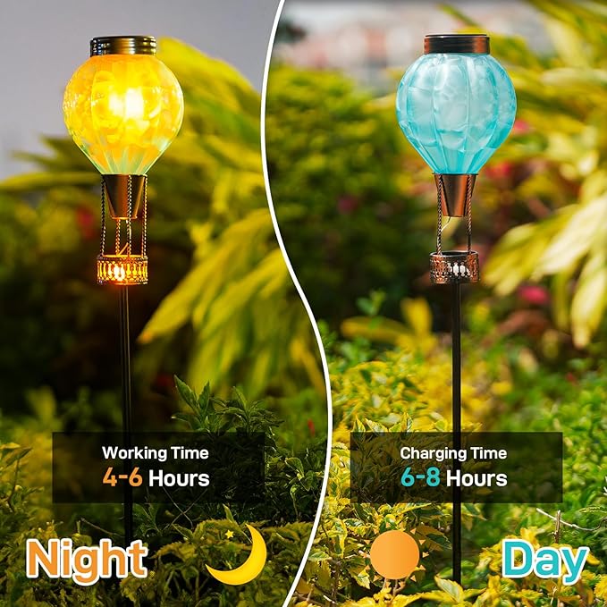 Solar Garden Lights Outdoor with Hot Air Balloon Stake Garden Lights Solar Waterproof Flickering Lantern Lawn Pathway Patio Decor（Blue）