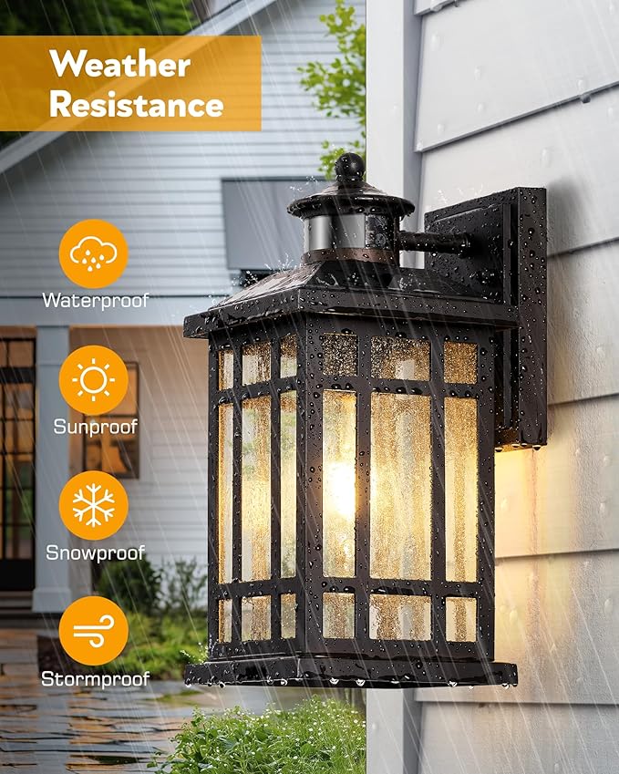 Porch Lights Outdoor with Motion Sensor 2 Packs Oil Rubbed Bronze Outside Lantern Fixtures Wall Mount Aluminium Anti-Rust Exterior Wall Light Dusk to Dawn Coach Light for Garage Patio Entry