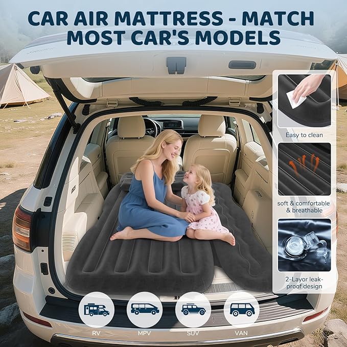 SUV Air Mattress Inflatable Travel Bed: Foldable - Portable Car Inflatable Bed Camping &amp Road Trips - Thickened Car Air Mattress for Back Seat with Carry Bag &amp Cup Holder &amp 2 Pillows